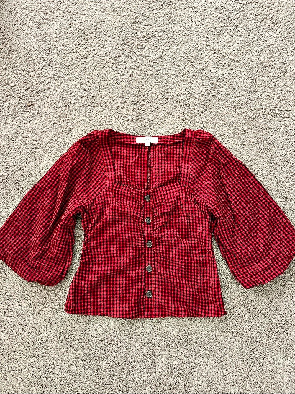 LOFT Square Neck Puff Sleeve Top Checkered Red & Black Size 6P